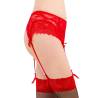 Tanga con liguero de encaje rojo Queen Lingerie, de lado con los ligueros