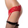 Tanga y liguero rojo de flores Queen Lingerie, detalle del encaje de lado
