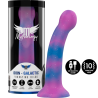 Mythology Dion Galactic S con vibración, dildo morado y azul junto a su caja
