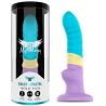 Mythology Colby Pastel, dildo turquesa, amarillo y lila junto a su caja