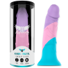 Mythology Asher Pastel, dildo lila, rosa y turquesa junto a su caja
