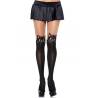Panty opaco negro Leg Avenue Kura con gatito en la rodilla, de frente con minifalda
