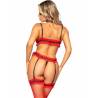 Set de 3 piezas de encaje rojo Leg Avenue, de espaldas con tirantes negros y liguero