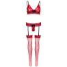 Set de 3 piezas de encaje rojo Leg Avenue con sujetador, liguero y medias, sin modelo
