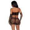 Vestido de encaje con guantes Leg Avenue negro, de espaldas con los guantes largos