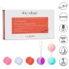She-ology Interchangeable Weighted Kegel Set, caja junto al contenido del set