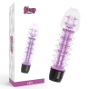 Vibrador con relieves Glossy Axel lila junto a su caja