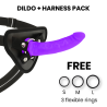 Pack Delta Club de arnés y dildo de 17 cm lila con las tres anillas