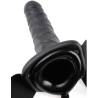8" Vibrating Hollow Strap-On negro, detalle de la abertura hueca de la base