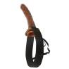10" Chocolate Dream Hollow Strap-On, vista de lado con el arnés negro