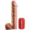 Pene King Cock 12 pulgadas junto a una lata para comparar el tamaño