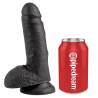 King Cock 7 negro con testículos de perfil, junto a una lata