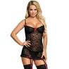 Chemise Negra con Liguero y Lazos Rosas Subblime, de frente, con liguero y medias
