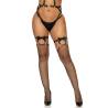 Liguero alto de tiras con ligas de lazo Leg Avenue en negro, de frente con medias de red