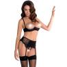 Set Casmir Clarisse de tres piezas negro con liguero, modelo de frente