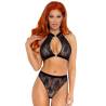 Set de top halter y braguita de encaje Leg Avenue en negro, de frente con detalle de anilla