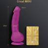 Gvibe Greal Mini fucsia con sus medidas y una tarjeta para comparar