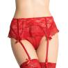 Tanga con liguero de encaje rojo Queen Lingerie, detalle de frente con medias