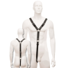 Leather Body Harness Men negro, arnés en vista frontal y trasera sobre maniquí