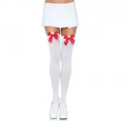 Leg avenue medias nylon blanco y lazo rojo
