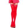 Medias opacas rojas Leg Avenue Kay con lazo rojo, de frente con minifalda roja