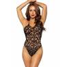 Teddy de encaje Ex-Factor Leg Avenue negro, de frente con los brazos arriba