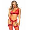 Set de 3 piezas de encaje rojo con liguero Leg Avenue, de frente con medias rojas