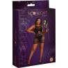 Vestido negro plus size Moonlight modelo 1, caja con la modelo