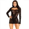 Cuff It de Leg Avenue, minivestido de encaje negro con manga larga, de frente