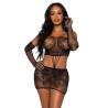 Vestido de encaje con guantes Leg Avenue negro, de frente con top palabra de honor y minifalda