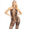Bodystocking de corazones halter Leg Avenue negro, de frente con cuello cruzado