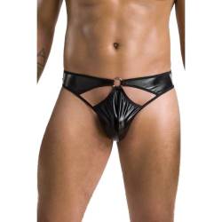 Tanga Paul Passion 033 negro con anilla, detalle frontal con modelo