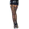 Medias de encaje con liguero Leg Avenue Gia, de espaldas con minifalda de vinilo