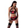Set Passion Scarlet rojo y negro con liguero, modelo de frente con medias