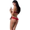 Set Passion Cherry rojo con volantes, modelo de espaldas