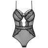 Body Livco Corsetti Finasan negro de encaje y tul, vista frontal sobre fondo blanco