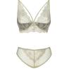 Sujetador y panty Livco Corsetti Pine de encaje caqui sobre fondo blanco, vista frontal