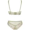 Sujetador y panty Livco Corsetti Pine de encaje caqui sobre fondo blanco, vista trasera