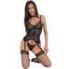 Corsé de encaje y tanga Livco Corsetti Giellandra, modelo de rodillas de frente