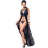 Babydoll largo Chilirose CR 3856 negro con encaje azul, abierto por delante