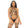Teddy arnés Leg Avenue negro con corazones y cadenas doradas, vista frontal sobre modelo