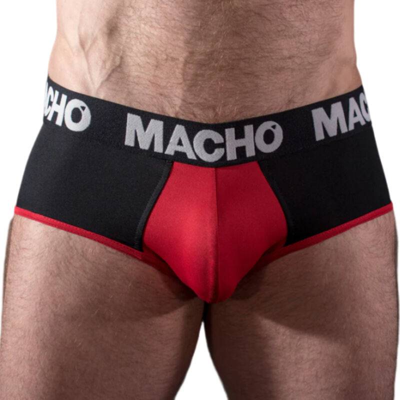 Slip Macho MS26N negro con copa roja, vista frontal de la cinturilla y la copa