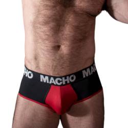 Slip Macho MS26N negro con copa roja, vista en ángulo de la copa