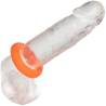Anillo Alpha Prolong grande naranja puesto en un pene realista