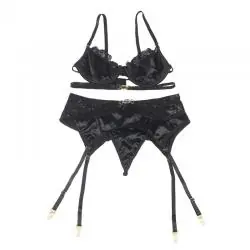 Subblime - set de 3 piezas sujetador + tanga + liga encaje negro s/m