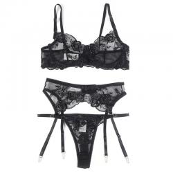 Subblime - set de 3 piezas sujetador + tanga + liga estampado floral negro s/m