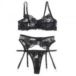 Subblime - set de 3 piezas sujetador + tanga + liga estampado floral negro s/m