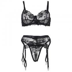 Subblime - set de 3 piezas sujetador + tanga + liga estampado floral negro s/m