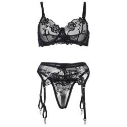 Subblime - set de 3 piezas sujetador + tanga + liga estampado floral negro - 6