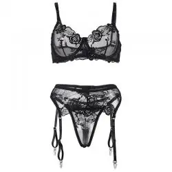Subblime - set de 3 piezas sujetador + tanga + liga estampado floral negro s/m